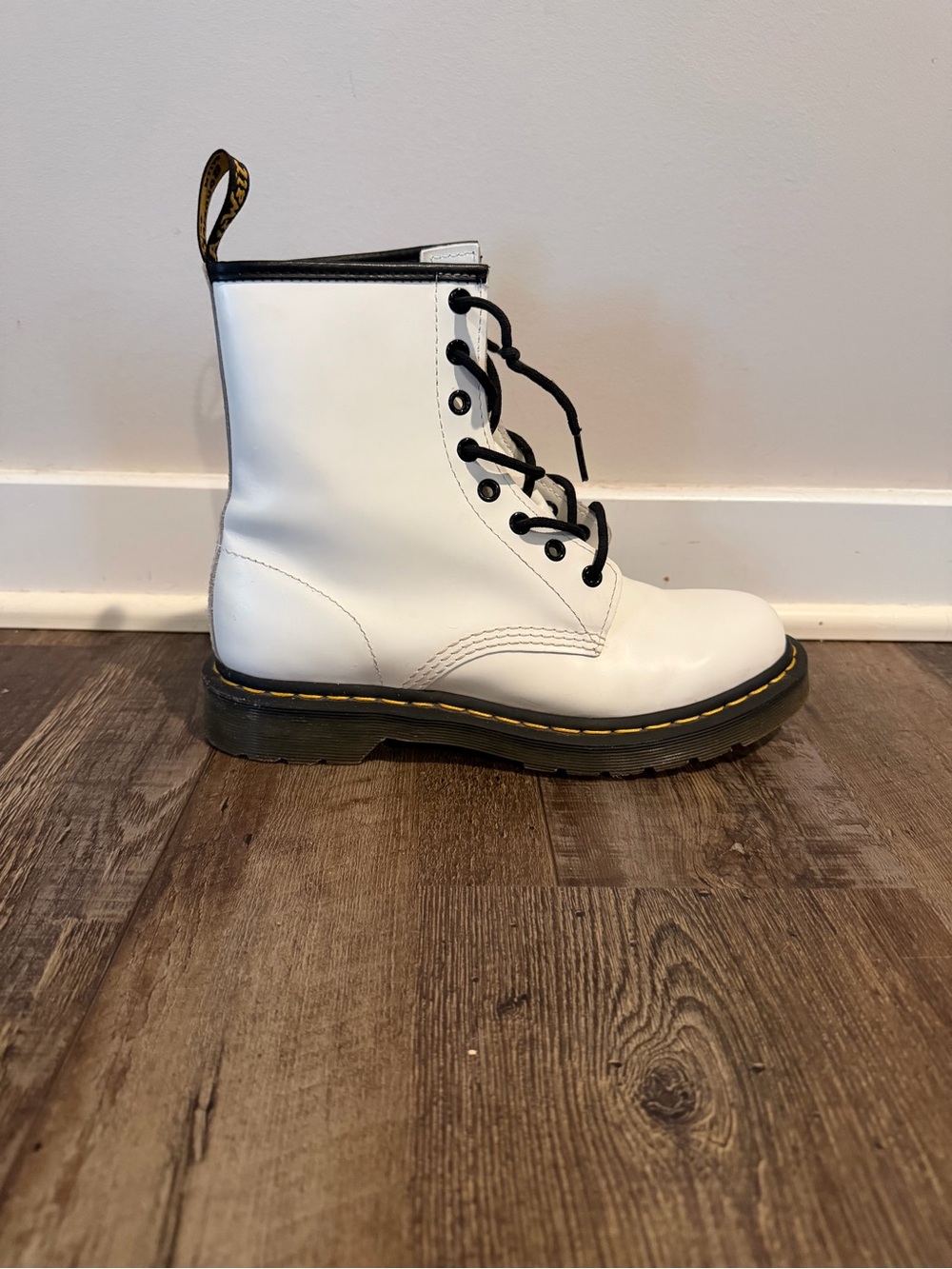 Dr. Martens White Leather Lace-Up Combat Boot with Black Trim